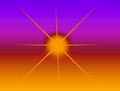 Colourful abstract illustration of a bright yellow sun or star on blurred merged orange red purple blue background. Energy light.