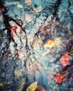 Colourful abstract of raindrops and Autumn leavesunderwater in a deep puddle.