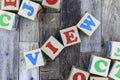 Colourful alphabet letters on wooden cubes with word - View. Flat lay, top view