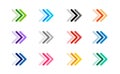 Colourful Arrow sign icon set. Simple circle shape internet button on grey background.