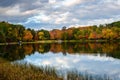 Colourful Autumn Trees on the Shore of a Lake and Cloudy Sky Royalty Free Stock Photo