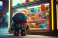 Colourful baby robot in window