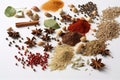 Colourful background from various herbs and spices for cooking isolated on white Top view, Royalty Free Stock Photo