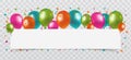 Colourful Balloons with confetti and streamers white Paper free Space. Transparent background. Birthday, Party and Carnival Vector Royalty Free Stock Photo