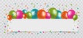 Colourful Balloons with confetti and streamers white Paper free Space. Transparent background. Party, Birthday and Carnival Vector Royalty Free Stock Photo