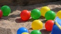 Colourful balls buckets and spades in childs sand pit