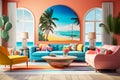 Colourful beach front sitting room with Seaview through two large arch windows large beachfront wall art above sofa Generative AI