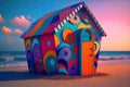 Colourful Beach Hut Generative AI Illustration