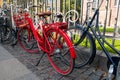 Colourful bicycles parked by railings in Copenhagen