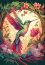 Colourful bird rainbow colors painting Mucha style Hummingbird