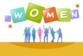 Colourful business people silhouette, group of diversity businesswoman, successful woman raise hands team relationships