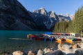 Colourful canoes on the picturesque and popular Lake Moraine, Alberta, Canada Royalty Free Stock Photo