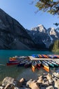Colourful canoes on the scenic and popular Lake Moraine, Alberta, Canada Royalty Free Stock Photo