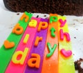 Colourful cerebration candles on Chocolate cake and biscuit on white background