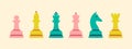 Colourful chess pieces set. Rows of queen, king, bishop, rook, horse and pawn. Modern figures of boardgame. Chessmen. Royalty Free Stock Photo