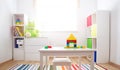 Colourful children rooom with white walls and furniture