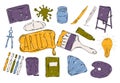 Colourful childrens illustration with a pencil. The collection of linear hand drawn icons. Icons the tools of the artist