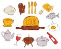 Colourful childrens illustration with a pencil. The collection of linear hand drawn icons. Icons tools the chefs. Vector