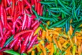 Colourful chillies on vegetable stall in bazaar Royalty Free Stock Photo