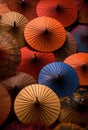 Colourful chinese umbrellas with patterns, created using generative ai technology