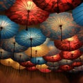 Colourful chinese umbrellas with patterns on dark background, created using generative ai technology