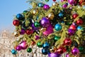 Colourful Christmas ball ornaments on a giant Christmas tree on Saechselaeutenplatz, outside Zurich Opera house, Switzerland Royalty Free Stock Photo