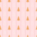 Colourful christmas cookies seamless pattern with gingerbread xmas tree on pink background with stripes