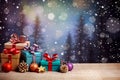 Colourful Christmas gift wrapped boxes with ribbons and bows baubles and pine cones snowing background scene generative AI Royalty Free Stock Photo