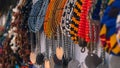 Colourful close up of African jewelry, beaded earrings, for sale