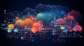 Colourful cloud computing connections graphics illustration with dark blue background