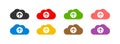 Colourful cloud file upload icon set with upward arrow symbols. User interface design elements.
