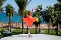 Colourful cold Strawberry daiquiri cocktail drink served in glass at outdoor cafe overlooking blue sea and palm trees, relax and Royalty Free Stock Photo