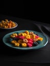 A colourful collar of 3D printed savoury snacks arranged on a plate just waiting to be devoured.. AI generation