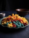 A colourful collar of 3D printed savoury snacks arranged on a plate just waiting to be devoured.. AI generation