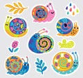 Colourful collection with decorative snails, leaves and drops. Vector illustration Royalty Free Stock Photo