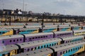 Colourful commuter trains in a siding on Johannesburg