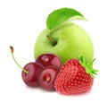 Colourful composition with apple and garden berries - strawberry and cherry, isolated on a white background with clipping path