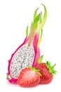 Colourful composition with cutted dragon fruit and strawberry isolated on a white background with clipping path