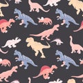 Colourful contrast dinosaurs silhouette seamless pattern on black background
