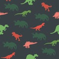 Colourful contrast dinosaurs silhouette seamless pattern on green colour background