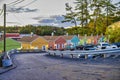 Colourful countryisde homes at sunset, foliage season