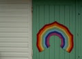 Colourful crocheted rainbow, a symbol of gratitude to the National Health Service NHS during the Coronavirus pandemic in the UK. Royalty Free Stock Photo