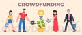 Colourful crowdfunding vector illustrationg, investing in ideas using flat cartoonish characters concept