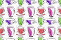 Colourful cup seamless pattern. Hand drawn ink brush sketch line graphic art work, doodle scribble linear style design. Bright Royalty Free Stock Photo