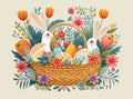 Colourful Cute Easter Bunny in Basket with Flowers and Eggs Generative AI Illustration