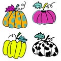 Colourful pumpkins clipart set pattern with pink, bright green, polkadot and cow pumpkin hand drawn cartoon vector