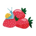 Colourful design of hand drawn snail sitting on strawberries.