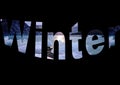 Colourful design word winter font stock vector decorative element in white and blue on black background.