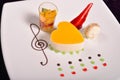 Colourful dessert at restaurant, mix fruits cake and macaron