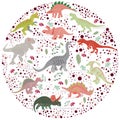 Colourful dinosaurs round flat hand drawn composition on white background